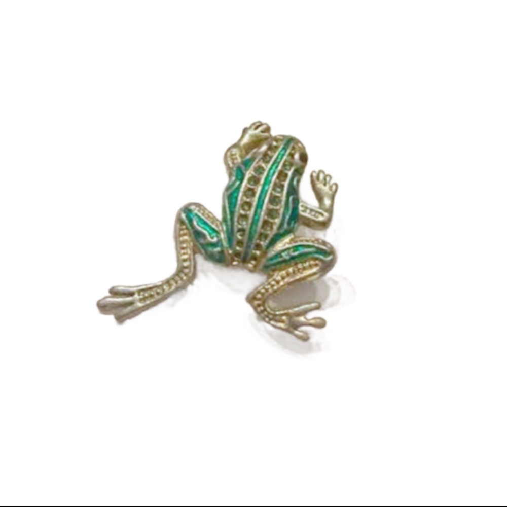 Vintage Silver Green Colored Green Rhinestone Frog Pin Pendant Brooch